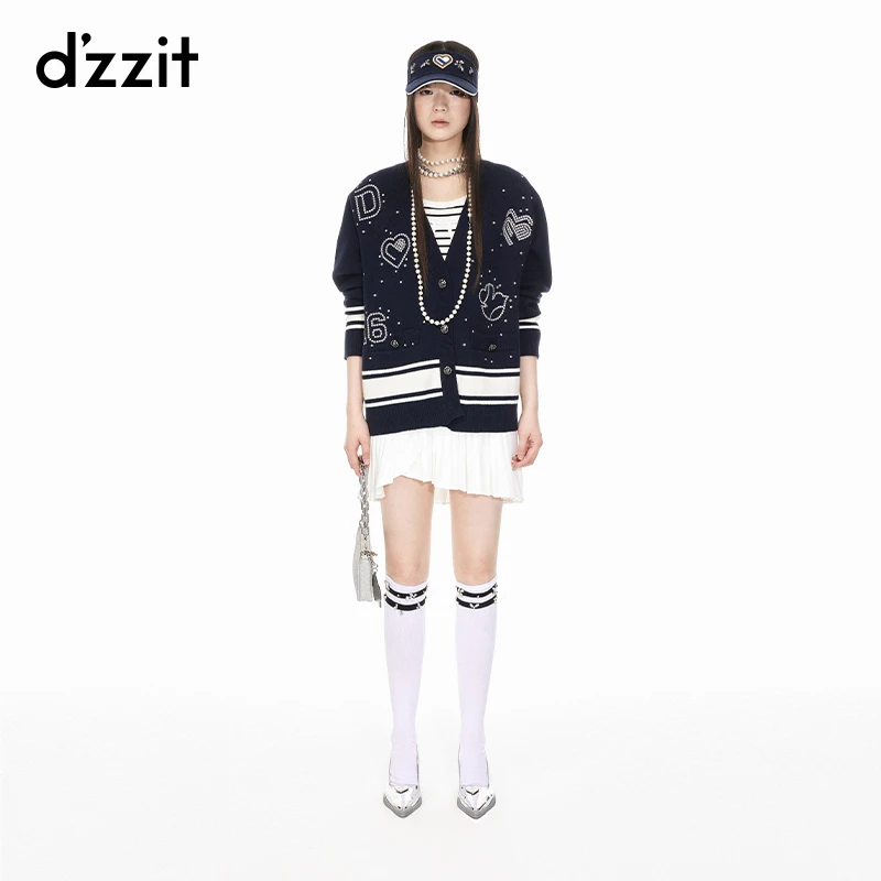 dzzit地素针织衫春秋绣花设计撞色V领宽松外套女3I1E5256T