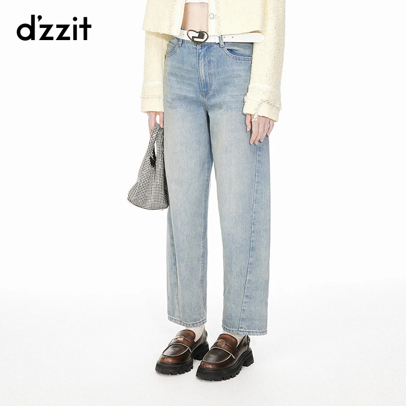 dzzit地素牛仔裤斜向分割设计贴布绣字母装饰直筒裤女3I1R6051S