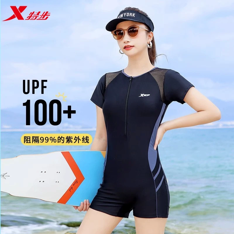 特步游泳泳衣女专业连体平角2025新款遮肚显瘦运动训练温泉泳装