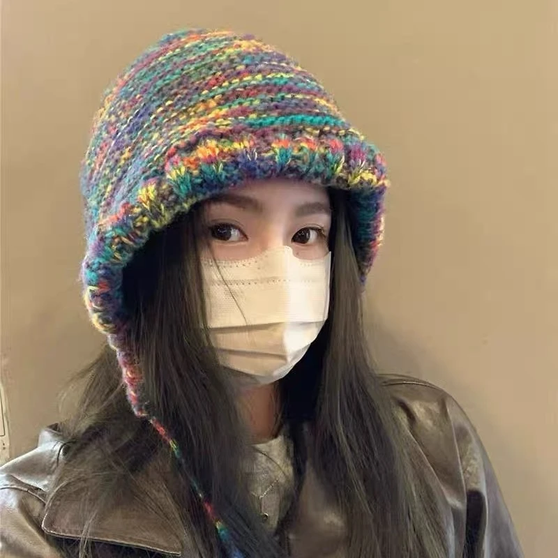 彩虹渐变毛线帽子女秋冬季款显脸小包头帽民族风保暖针织帽雷锋帽