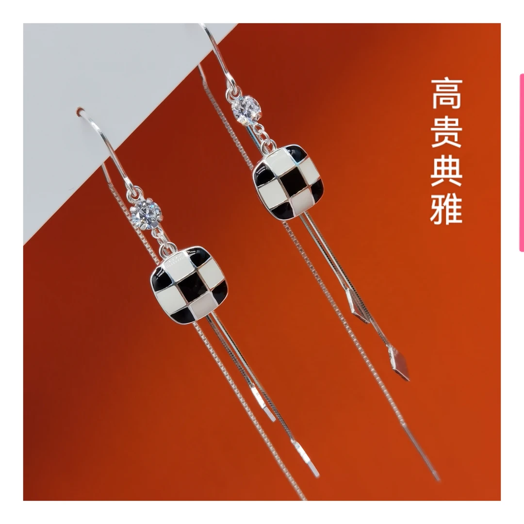 足银耳饰 足银耳环【黑白格】韩系气质时尚流梳耳饰