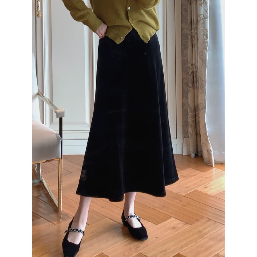 【ZHUJIE】气质高腰百搭显瘦丝绒A字加绒半身裙