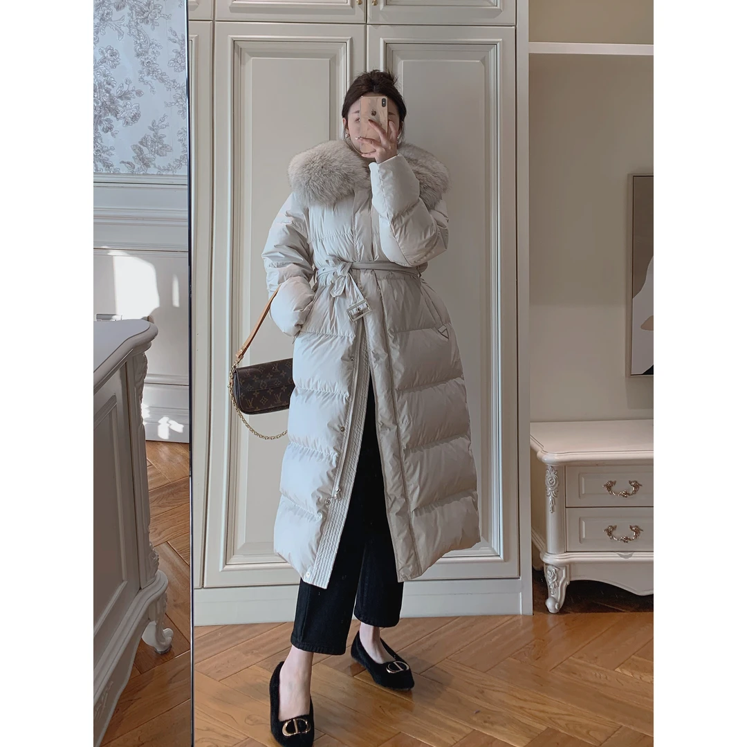 【竺姐】气质收腰大毛领过膝长款显瘦羽绒服