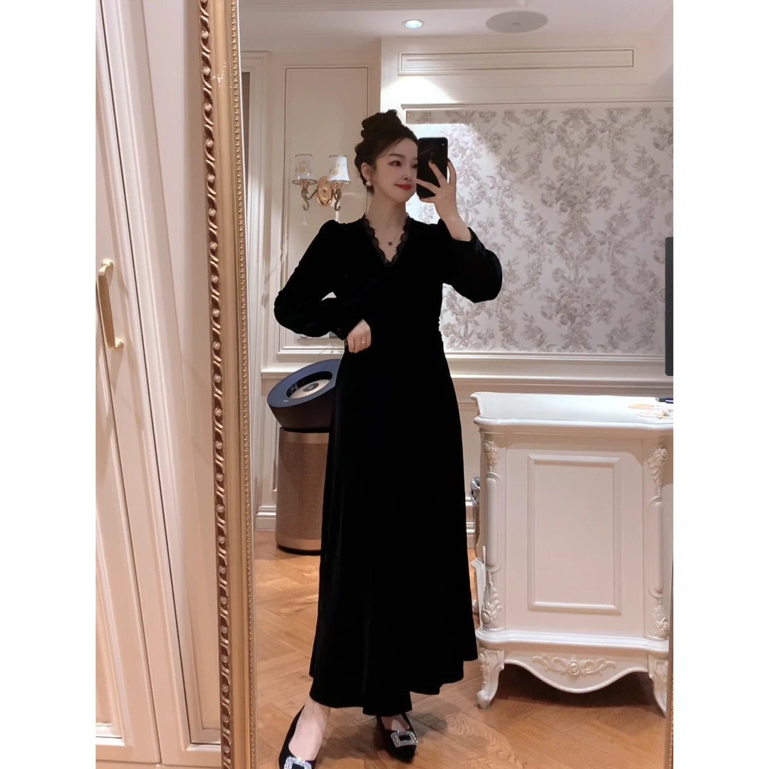 【ZHUJIE】气质优雅蕾丝拼接绑带收腰显瘦丝绒连衣裙