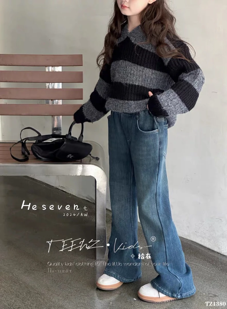 【C TING】2024冬季新款韩版设计师亲子装童装加绒微喇叭裤牛仔裤58