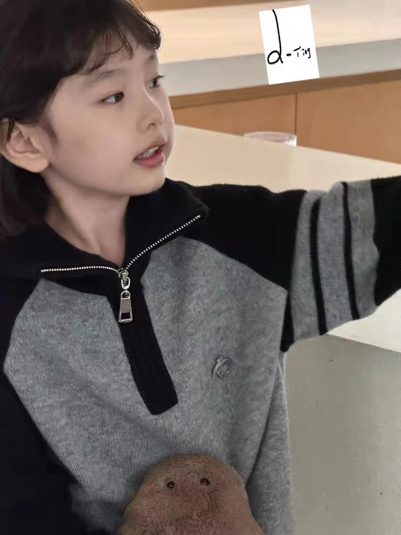 【C TING】2024新款韩版设计师亲子装童装半拉链拼色毛衣-6181