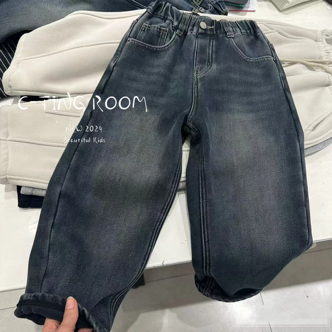 【C TING】2024冬季新款韩版设计师亲子装童装加绒牛仔裤老爹裤6757