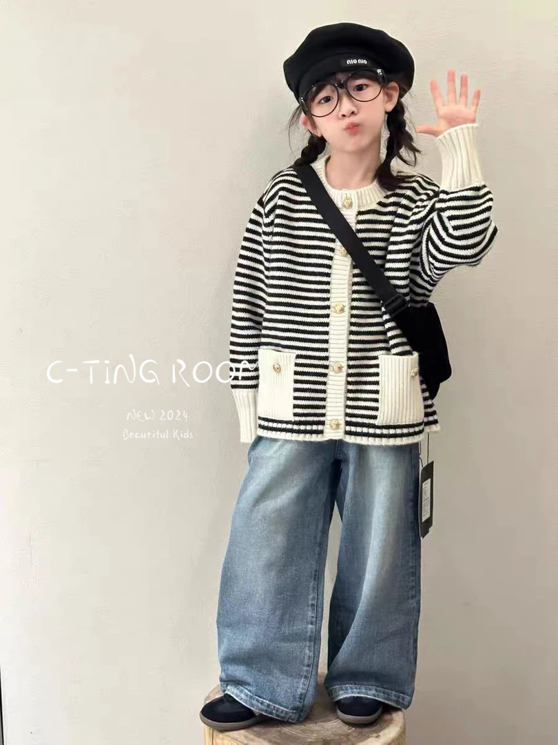 【C TING】2024新款韩版设计师亲子装童装条纹针织开衫-6111