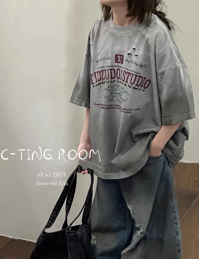 【C TING】2024新款韩版设计师亲子装做旧破洞废土封短袖T恤-8060
