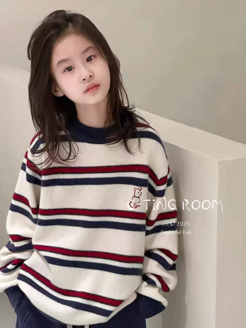 【C TING】2024冬季新款韩版设计师亲子装童装刺绣条纹毛衣-6188