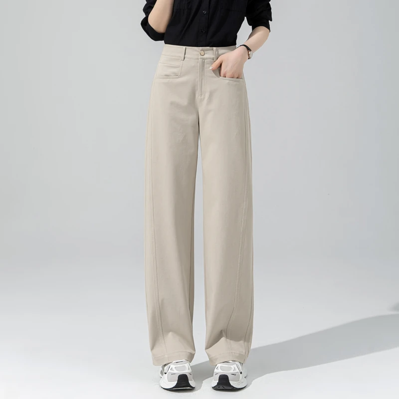 窄版阔腿裤女2025新款春秋水洗棉米色裤子女设计感小众美式直筒裤