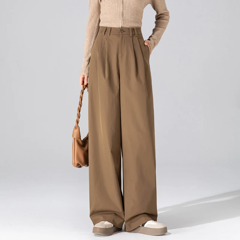 美拉德棕色裤子女2025春秋新款舒柔特抗皱阔腿裤垂感高级感直筒裤