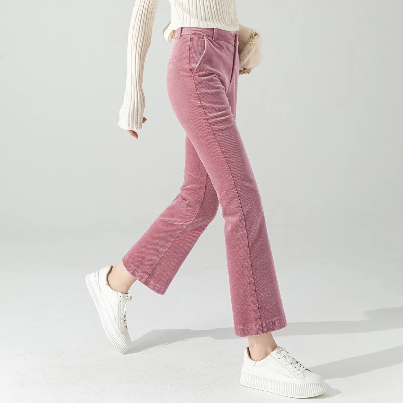 多巴胺条绒粉色裤子女秋冬加绒小个子喇叭裤女修身细绒灯芯绒女裤
