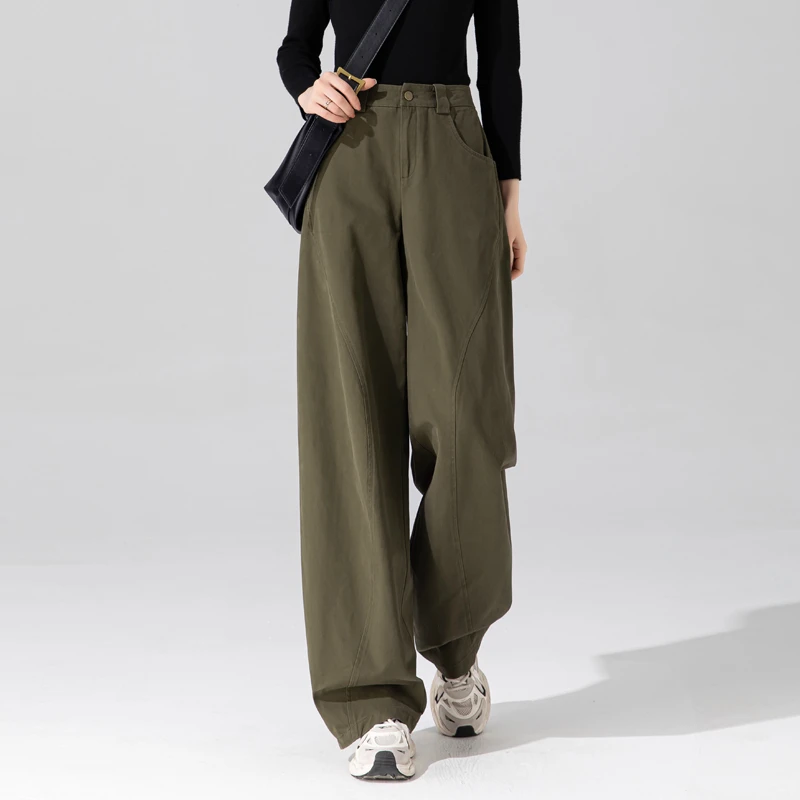 阔腿裤女2025新款春秋款高级感纯棉军绿色裤子美式高街显瘦直筒裤