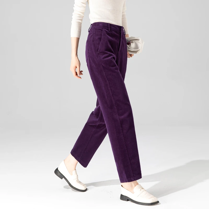 葡萄紫穿搭灯芯绒裤子女春秋新款高腰哈伦裤女宽松显瘦条绒萝卜裤