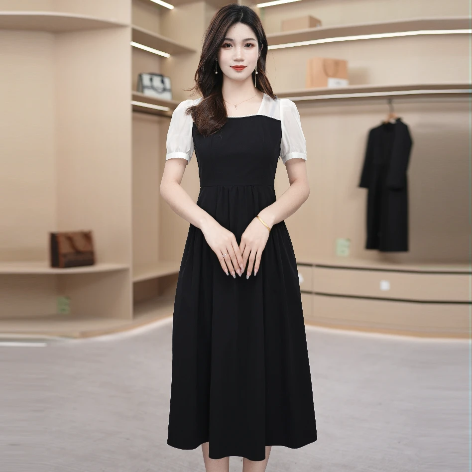 方领连衣裙显瘦气质长裙夏季黑色法式收腰气质中长款修身时尚温柔