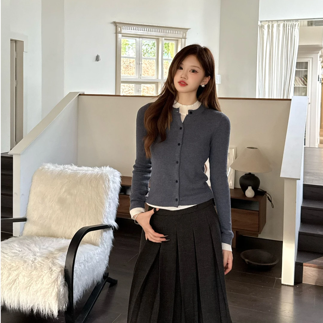 拼色假两件针织衫上衣女2024秋装新款韩系chic修身显瘦内搭2403