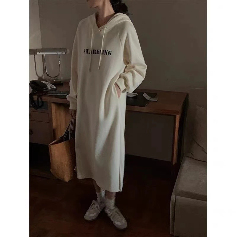 印花连帽卫衣裙子女春秋季韩版宽松慵懒气质长款开叉连衣裙