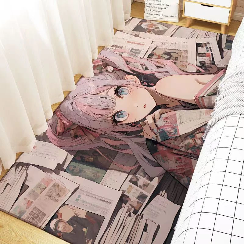 报纸女孩卡通地毯家用卧室仿羊绒床边毯网红少女长条防滑耐脏地垫