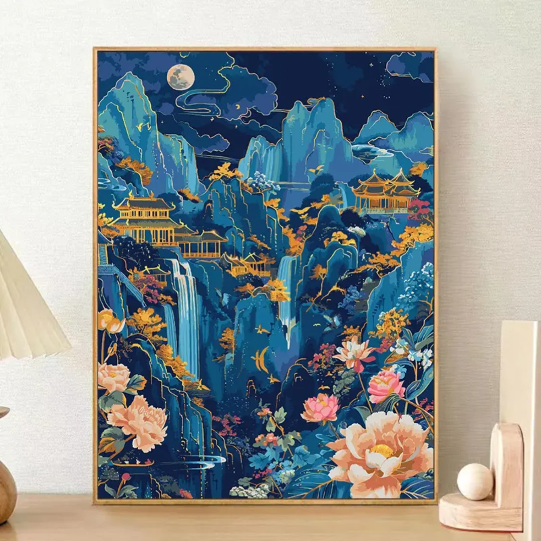 【新款风景图】大颗粒画布红线条DIY数字油画丙烯手工减压装饰画