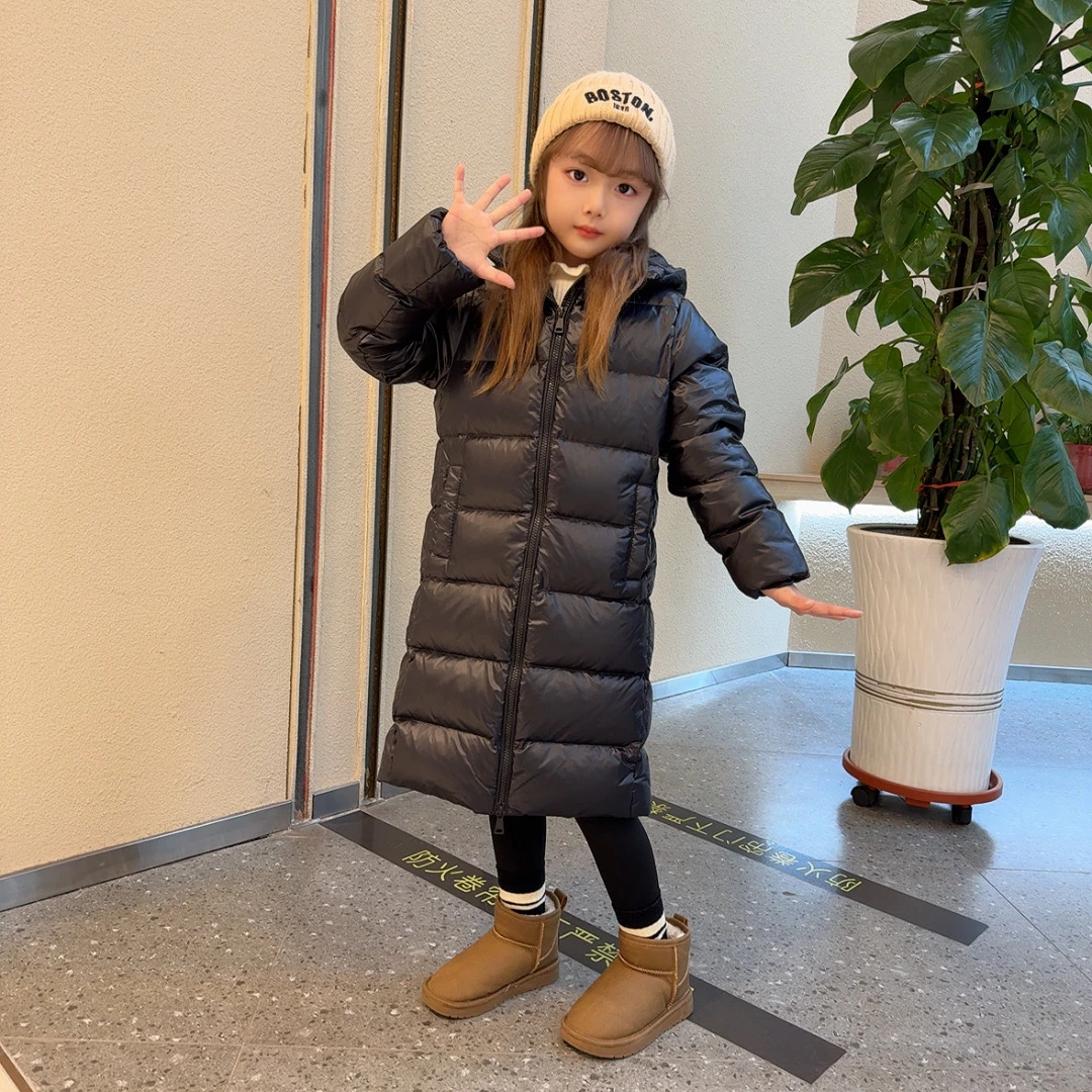 儿童中长款羽绒服男童女童连帽加厚长款童装羽绒服白鸭绒冬季黑色