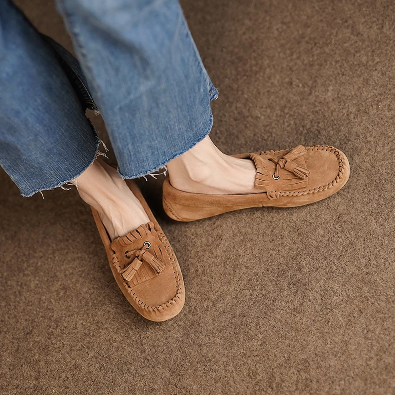 TOUCH MISS小众设计师磨砂真皮一脚蹬中口乐福鞋女圆头平底单鞋