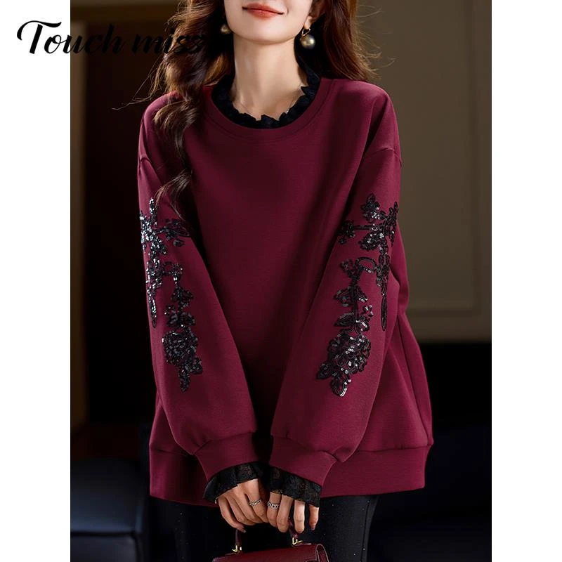 TOUCH MISS时尚拼接珠片红色卫衣女秋季洋气女装2025年新款上衣
