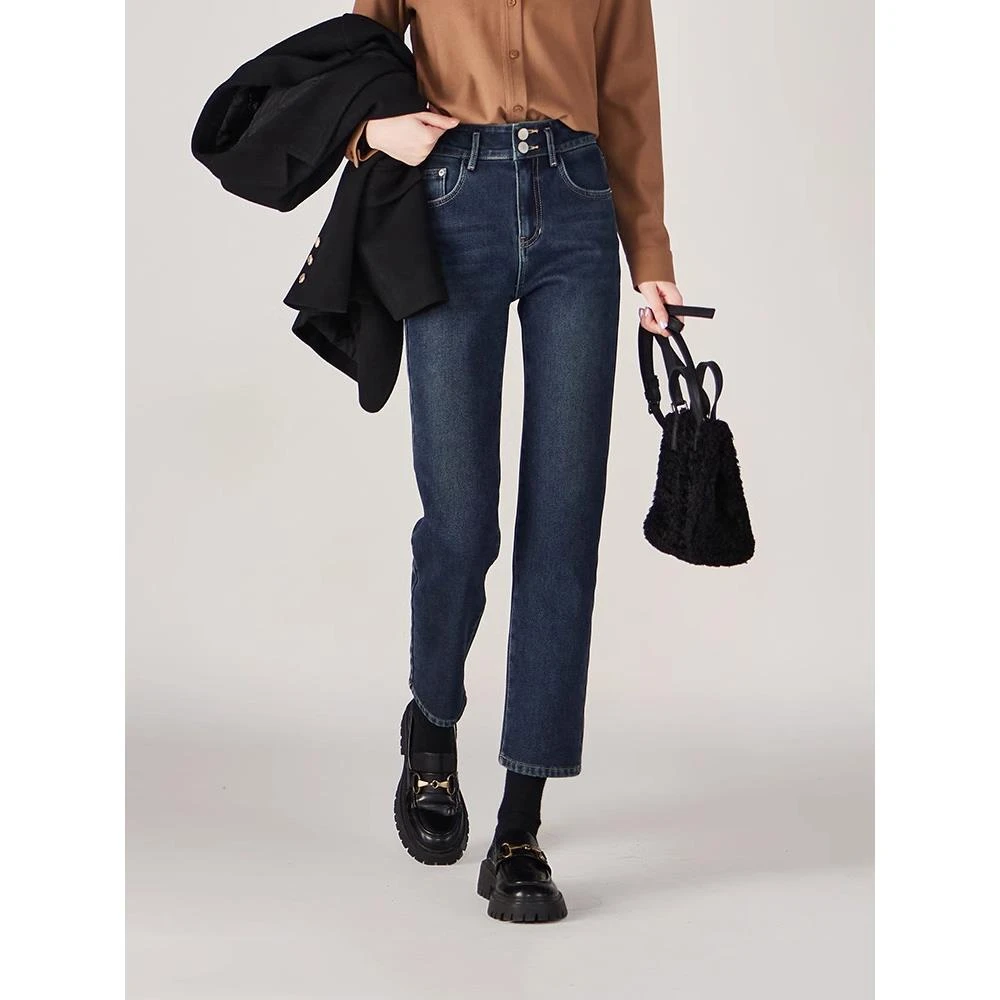 TOUCH MISS百搭加绒牛仔裤女轻奢简约休闲冬季新款时尚高腰烟管裤