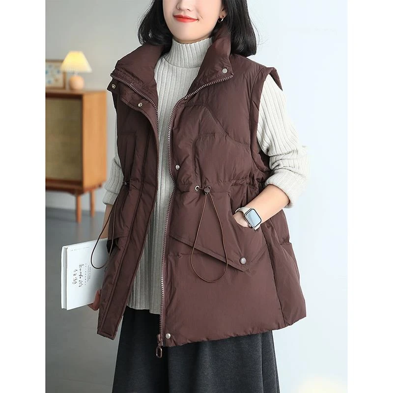 TOUCH MISS通勤立领中长款羽绒马甲女冬季宽松拉链收腰显瘦外套潮