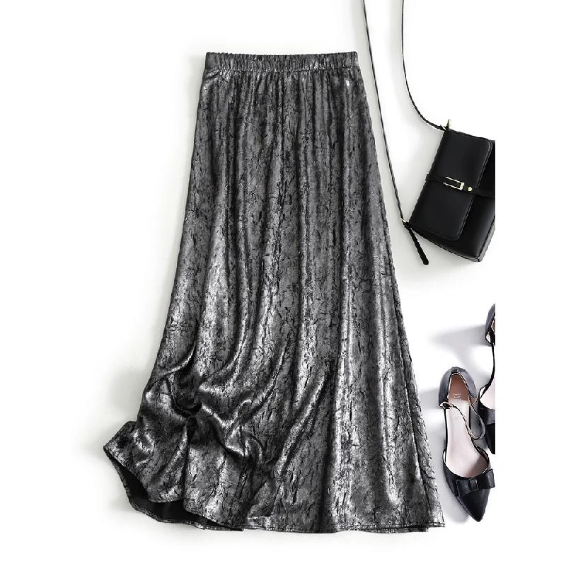 TOUCH MISS奢华金银亮丝褶皱肌理感薄款中长款半身裙女2025秋秋