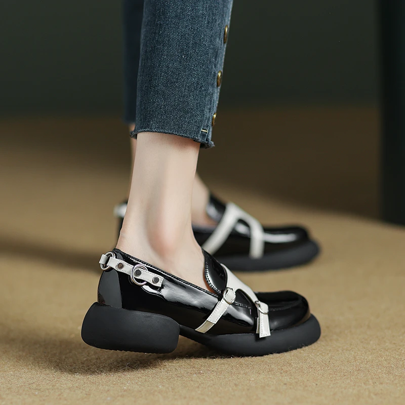 TOUCH MISS设计师款复古拼色软底浅口乐福鞋圆头中跟平底单鞋女