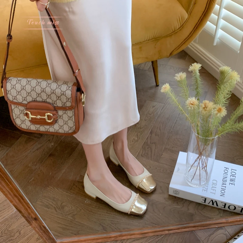 TOUCH MISS女鞋高端法式时髦高阶浅口方头平底拼色百搭气质单鞋女