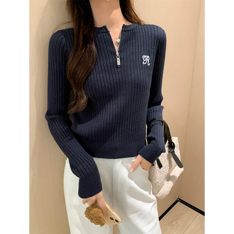 XVRV秋季2025新品半拉链套头针织衫毛衣女修身显瘦刺绣打底衫上衣