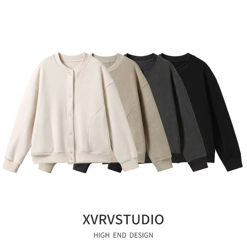 XVRV秋季2025新款摇粒绒纽扣开衫女运动保暖长袖上衣显瘦休闲外套