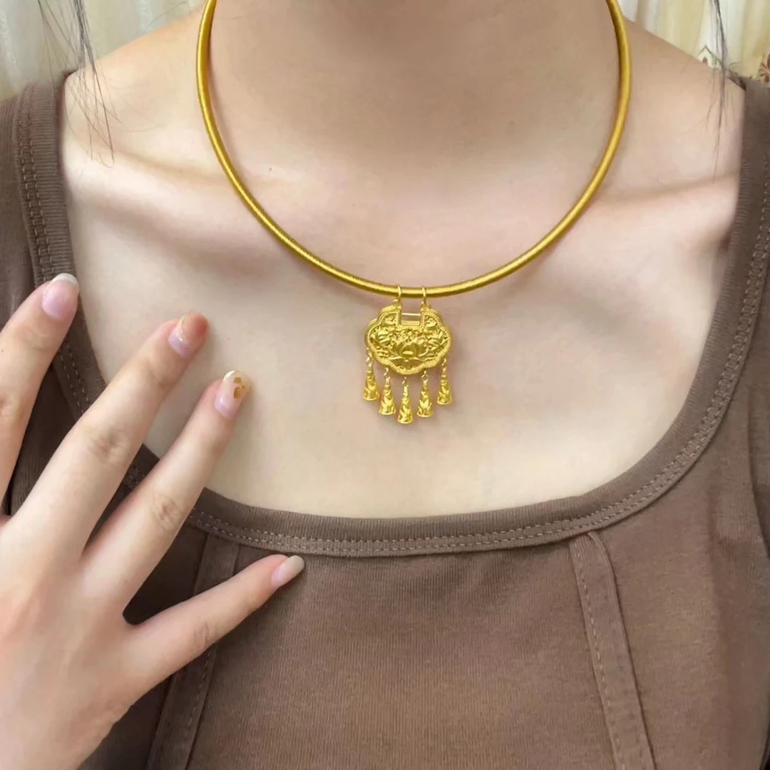 足金 黄金吊坠女同心莲流苏金锁项坠素金黄金古法平安锁