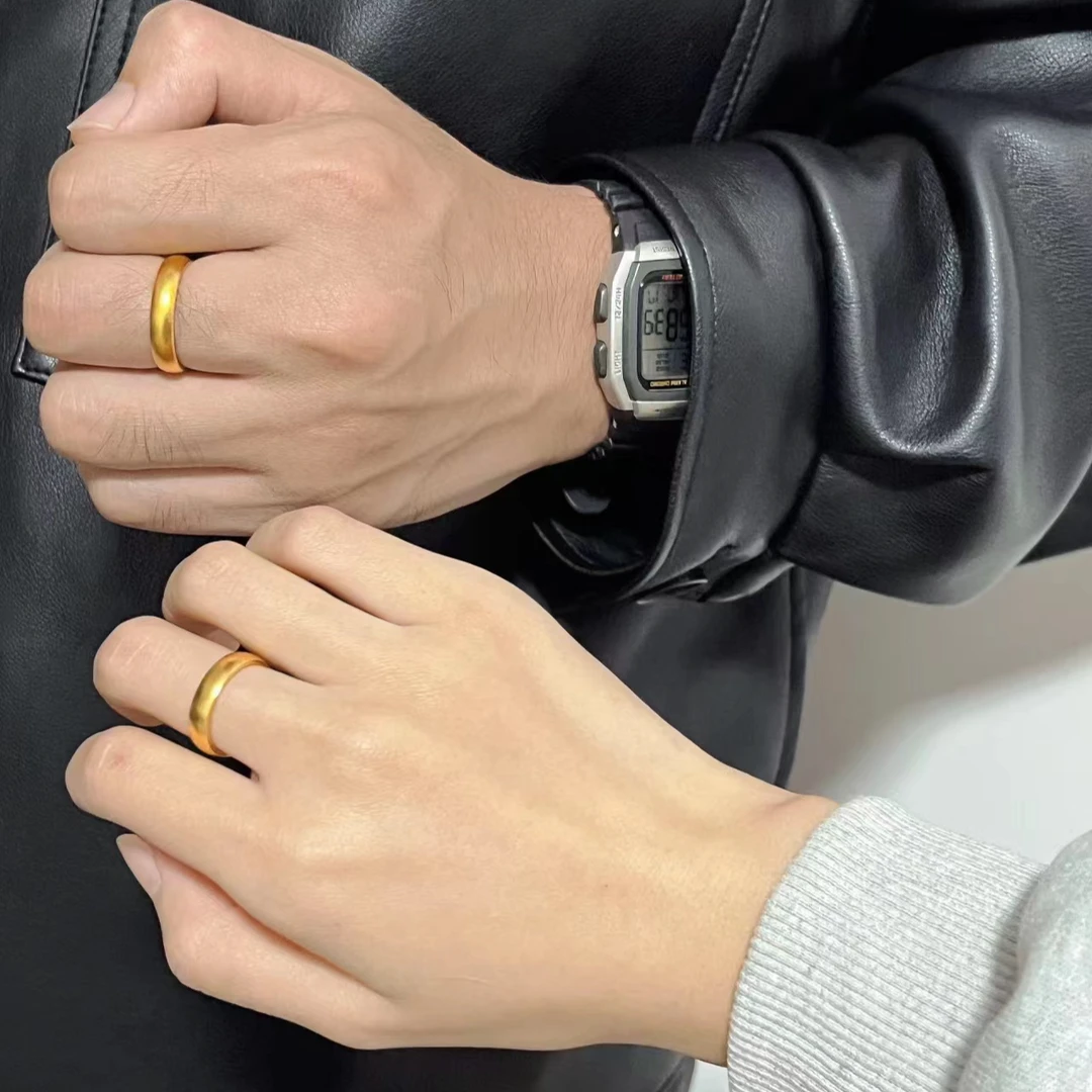 黄金 足金999 古法宽面戒指开口可调节 指纹爱心活口情侣款