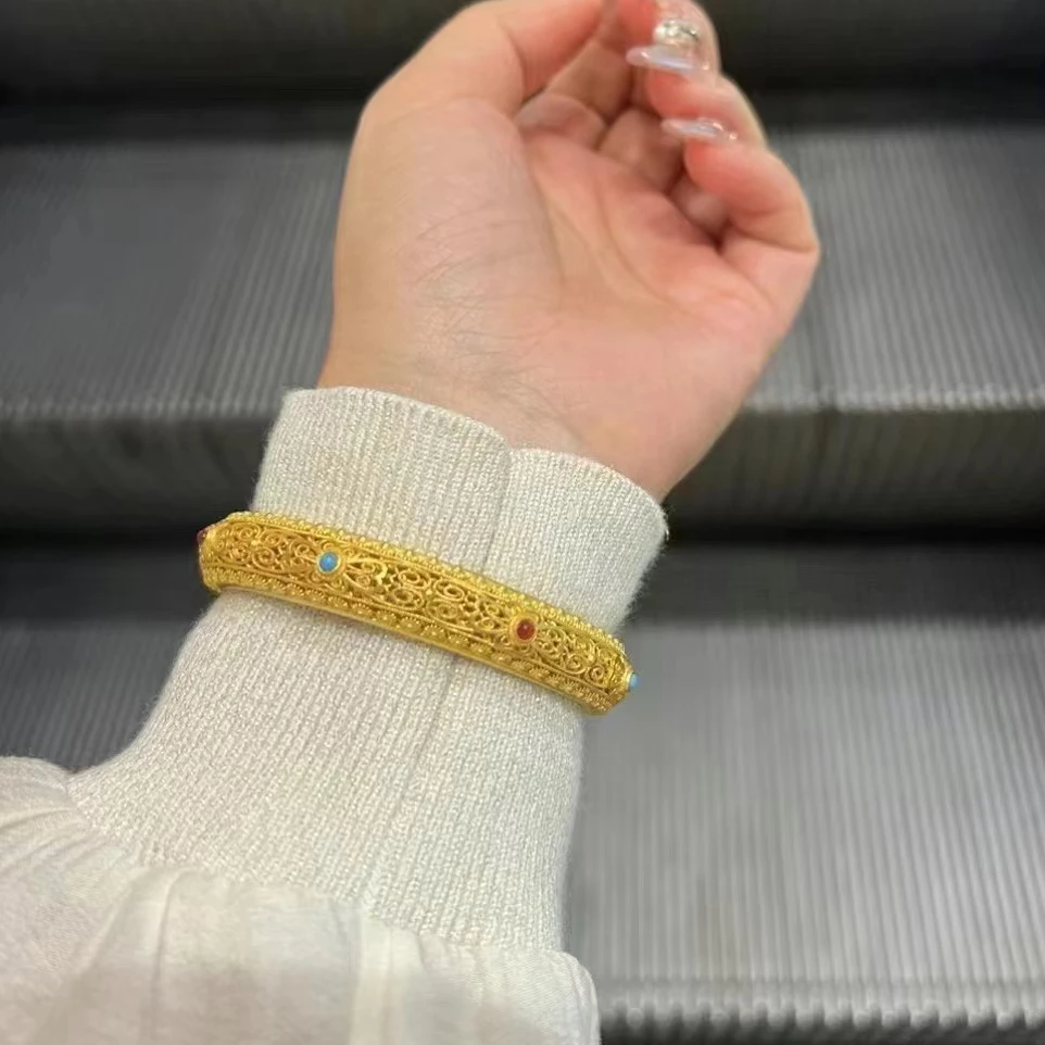 足金999黄金手镯珐琅彩花丝手镯大皇后手镯百搭足金黄金按克卖