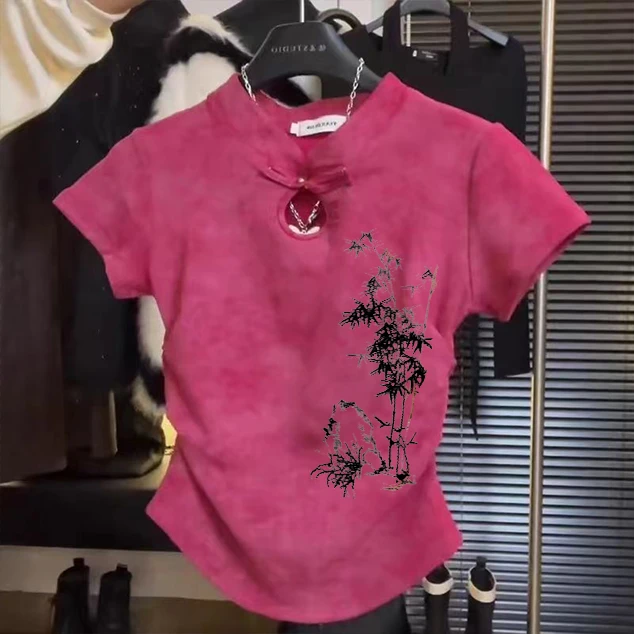 新中式国风印花短袖t恤女夏季2024新款独特别致褶皱收腰短款上衣