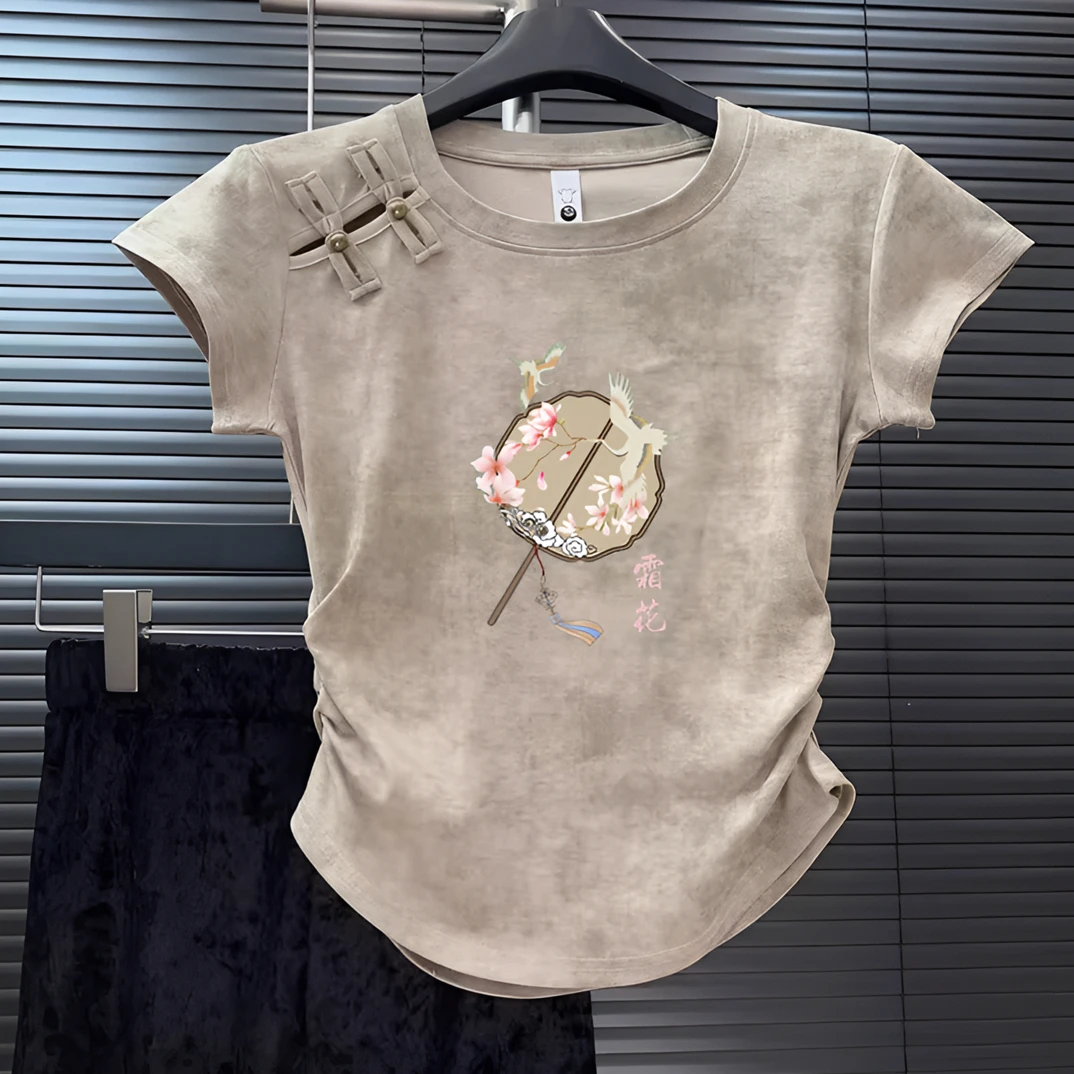 短袖t恤女夏季2025新款印花新中式复古国风短款上衣设计感小众女