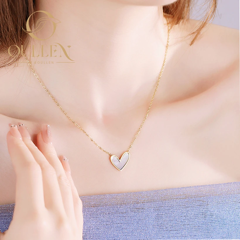 OULLEN 钛钢项链 甜美百搭不规则白贝爱心项链女小众设计感锁骨链