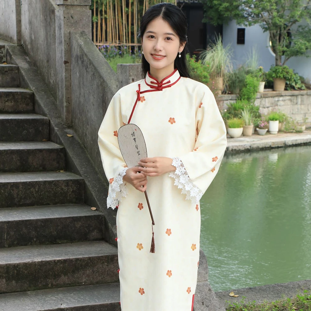 半枫荷【小金花】春秋款民国长款倒大袖全开襟日常少女气质古法旗袍