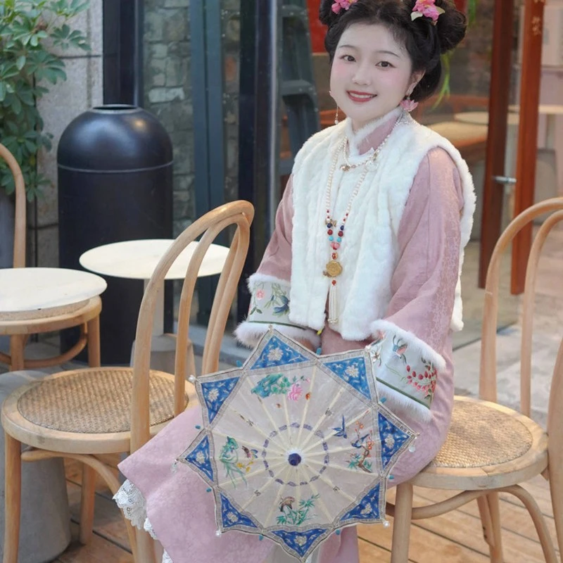 【樱婉】半枫荷原创粉色新年冬季厚款保暖少女日常倒大袖古法旗袍