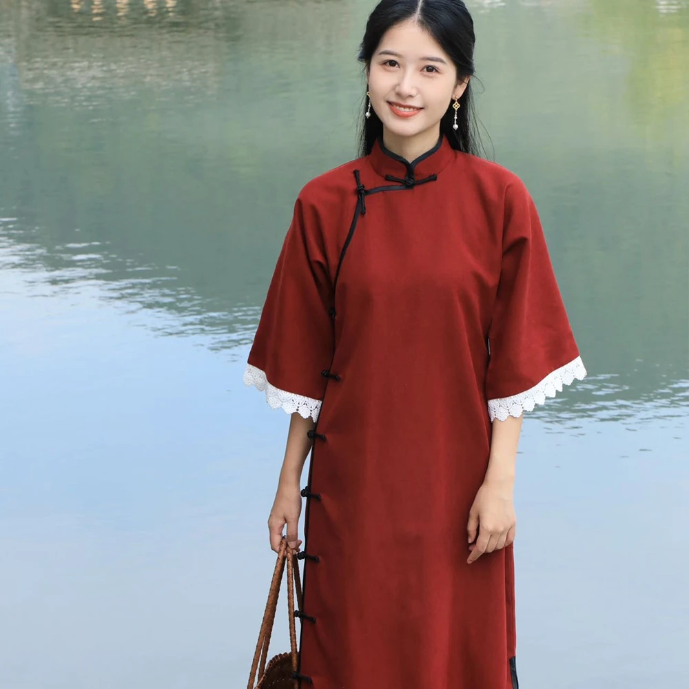 半枫荷【相思子】全开襟无省立领双层倒大袖日常少女红色中气质款