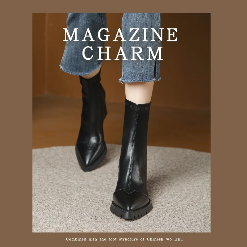 真皮尖头短靴女2025秋冬新款流行小短靴中筒春秋靴粗跟显脚瘦时尚