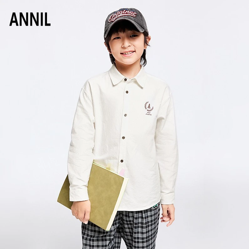 安奈儿男童装长袖衬衣24年新款时尚学院风气质白色纯棉翻领衬衫