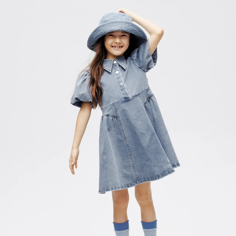 安奈儿女童牛仔短袖连衣裙夏季柔软洋气时尚复古宽松女孩牛仔裙