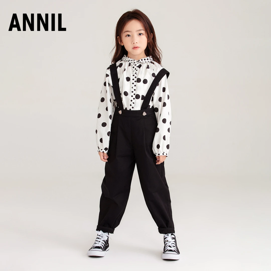 安奈儿童装女童梭织背带裤秋新款宽肩带透气棉弹长裤EG236320