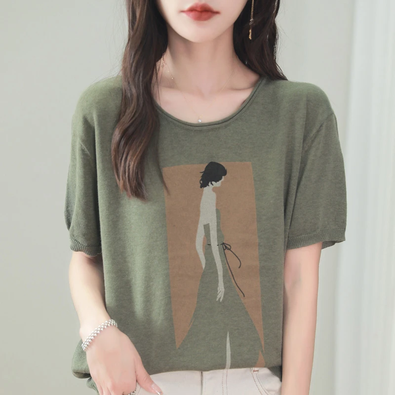 新疆精梳棉宽松圆领大码针织印花背心妈妈款针织衫