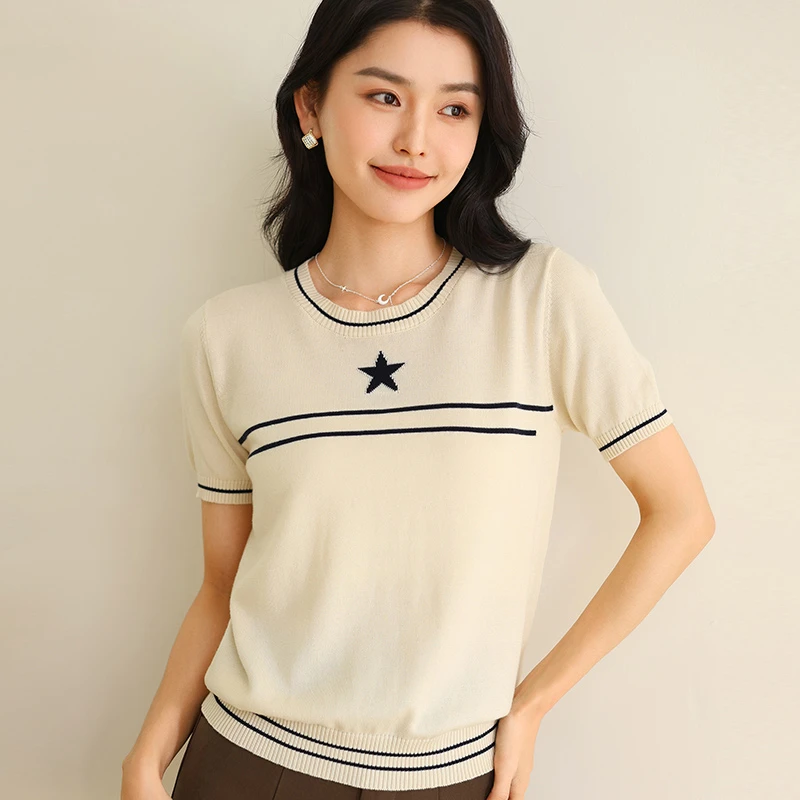 棉线圆领提花针织宽松打底衫短袖