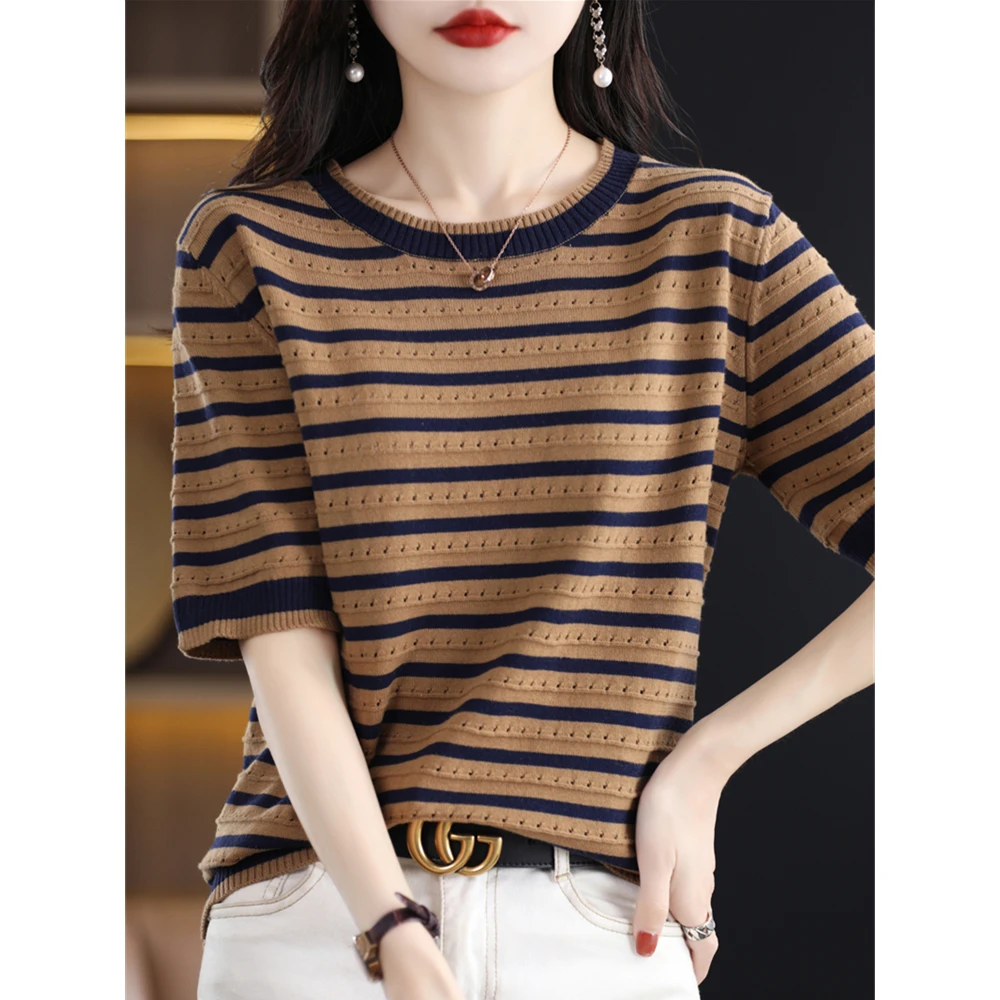 圆领镂空条纹针织短袖女夏薄款夏季